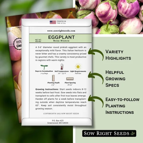 Miniatura 2 de Sow Right Seeds - Semilla de berenjena Rosa Bianca para plantar - Variedad productiva apreciada por los chefs - Paquete de reliquia sin OMG