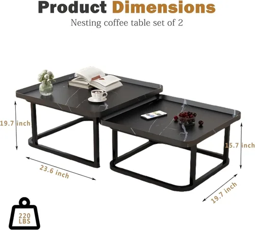 Miniatura 2 de Juego de 2 mesas de centro anidables de 23.6 + 19.7 pulgadas, mesa de centro cuadrada pequeña con estriado, mesa central para sala de estar, Negro