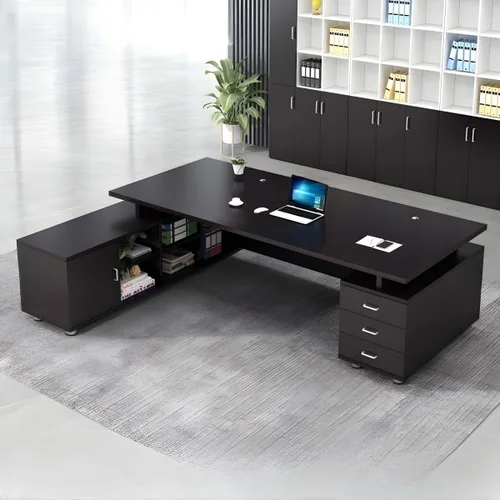RUNNUP Escritorio ejecutivo en forma de L, escritorio de oficina contemporáneo con cajones y gestión de cables, escritorio largo para escribir en