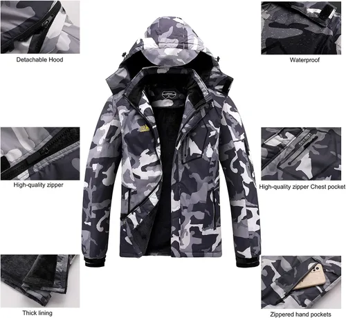 Miniatura 5 de Chaqueta de esquí impermeable de montaña para hombre, resistente al viento, abrigo cálido con capucha para invierno, Nieve