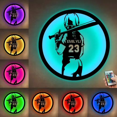 Miniatura 13 de Letrero de metal personalizado para jugador de sóftbol con luz LED, nombre y número personalizado, arte de pared de sóftbol, letrero de neón