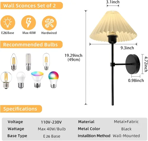 Miniatura 4 de Juegos de 2 apliques de pared, pantalla de lámpara de tela plisada blanca, lámpara de pared negra mate, iluminación de pared con soporte de columna