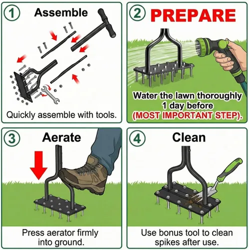 Miniatura 5 de Aireador de césped con 15 picos más gruesos, aireador manual de césped para el cuidado del patio, incluye 3 picos de repuesto, mango en forma de U