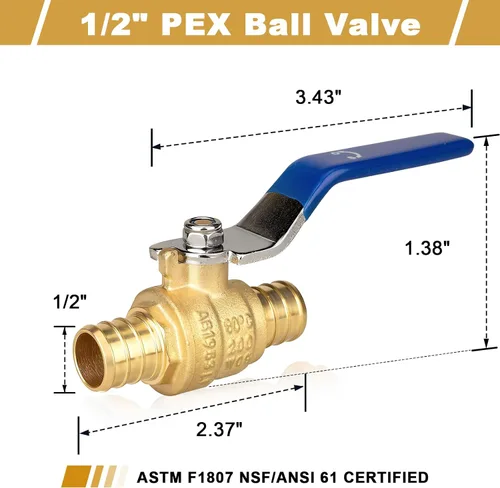 Miniatura 2 de F1807 Válvula de bola Pex de 1/2 pulgada, válvula de bola de cierre de agua de puerto completo de latón para agua fría y caliente (paquete de 10)