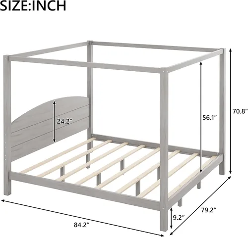Miniatura 2 de Linique Cama de plataforma tamaño King con cabecera y patas de soporte, marco de cama King de madera con cuatro pósteres, no requiere somier, gris