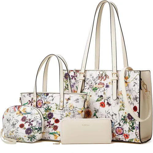 Miniatura 66 de Juego de 4 bolsas modernos para mujer de cuero sintético: bolso tote, bolso de hombro, bolso de mano y cartera.