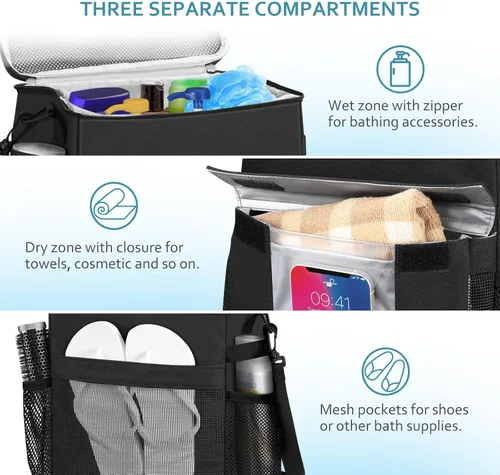 Miniatura 3 de Bolsa de ducha portátil, grande de malla de secado rápido, organizador de ducha colgante con compartimento para zapatos húmedos y secos