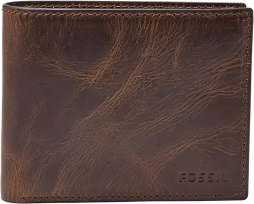 Fossil Derrick - Cartera plegable de piel con bloqueo RFID y ventana de identificación abatible para hombre