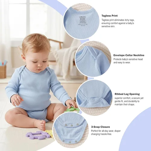 Miniatura 8 de DEFAHN Paquete de 2 mamelucos unisex para bebé, viscosa súper suave de bambú, unicolor de manga larga para bebés niños y niñas