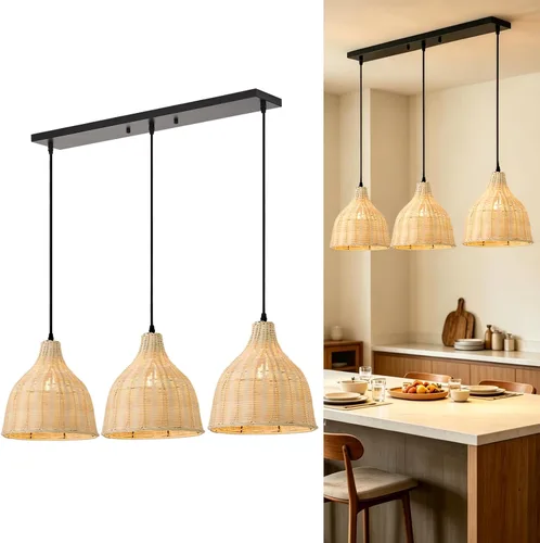 Miniatura 13 de 1 lámpara colgante de bambú tejida a mano, estilo bohemio, elegante, cordón ajustable, ratán de bambú, lámpara colgante de techo para comedor, bar