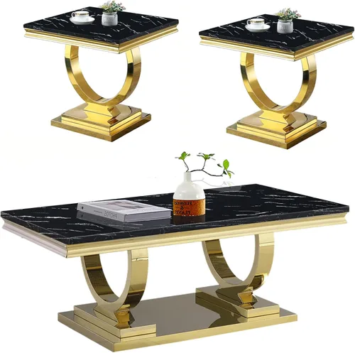 Miniatura 14 de Juego de 2 mesas de café de mármol, juego de mesa de sala de estar de 2 piezas que incluye 1 mesa auxiliar y 1 mesa auxiliar, moderna mesa auxiliar