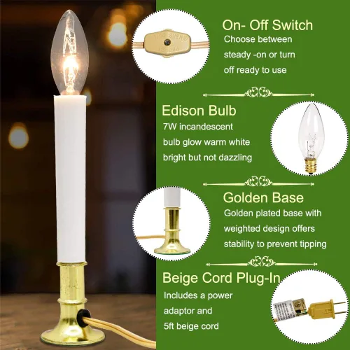Miniatura 3 de Paquete de 4 velas eléctricas de Navidad con base chapada en oro, velas de ventana de Navidad con bombillas transparentes C26 de 7 W, luces de vela