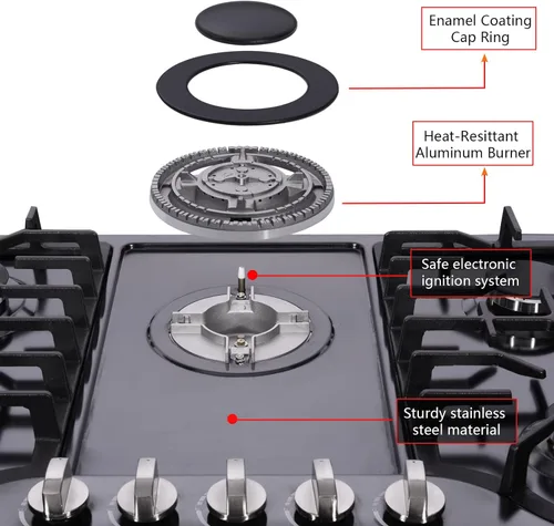 Miniatura 3 de Placa de gas de 30 pulgadas, estufa de gas de acero inoxidable integrada, 5 quemadores de alta eficiencia, estufa de gas convertible GLPG/NG (negro)
