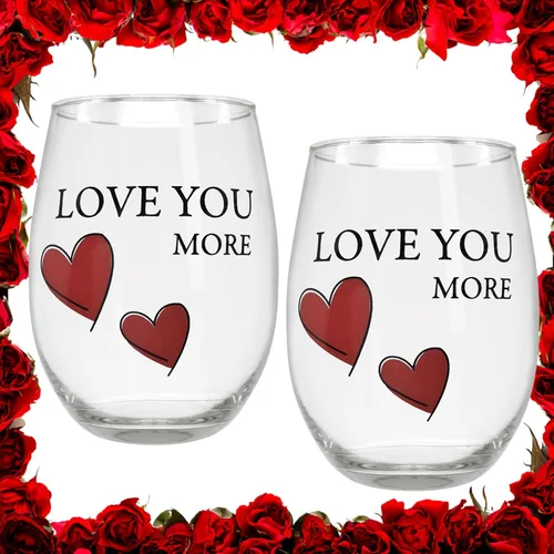 Miniatura 9 de BANBERRY DESIGNS Lover's - Juego de 2 copas de vino sin tallo "Love You More" con corazones decorativos, copas de vino románticas para él
