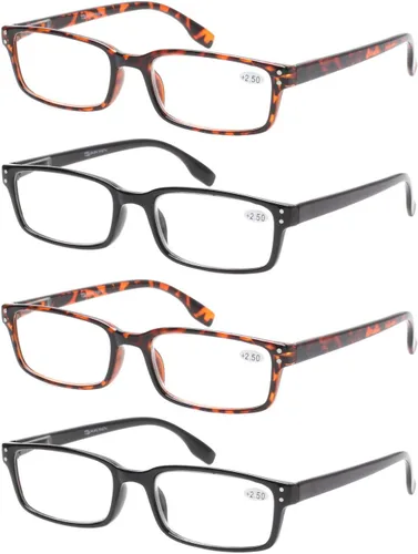 Miniatura 9 de Kerecsen Paquete de 4 Gafas de Lectura para Hombres y Mujeres con Bisagras de Resorte, Anteojos de Lectura Rectangulares Negros Ligeros
