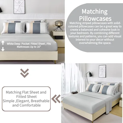 Miniatura 5 de RYNGHIPY Juego de edredón de tamaño matrimonial, color beige y gris, a rayas, para hombres y niños, juego de ropa de cama suave para todas