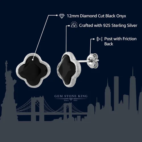 Miniatura 3 de 18K Gold Plated Sterling Silver Flower Shape Clover Designs Black Onyx Diamond Cut Stud Earrings For Women