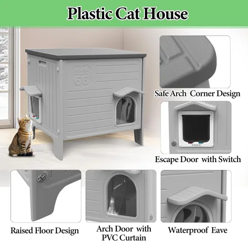 Miniatura 6 de Deblue Casa para Gatos de Exterior Resistente a la Intemperie Grande de Plástico Casas para Gatos con Puerta de Escape Interior Impermeable Refugio