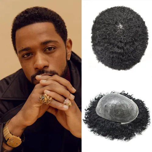 Miniatura 17 de Afro Toupee para hombres negros, rizado afro ondulado, postizo masculino, piel fina, PU negro, para hombre, tupé, reemplazo de cabello humano