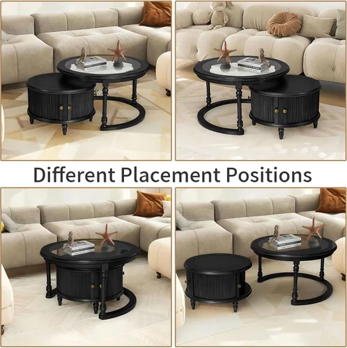 Miniatura 9 de LKTART Mesa auxiliar anidable para sala de estar, mesas de centro redondas de madera maciza de vidrio templado con almacenamiento, mesa central