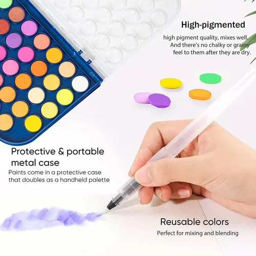 Miniatura 4 de GETHPEN Juego de pintura de acuarela, 48 colores, pintura de acuarela no tóxica con un pincel, recargable, bolígrafo y paleta de pincel de agua, Azul