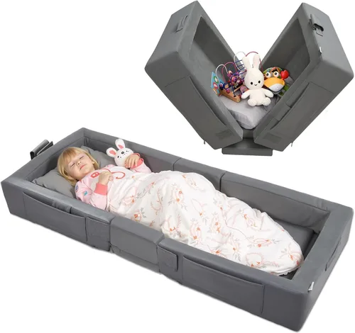 Miniatura 6 de ENITYA Cama de viaje para niños pequeños, portátil, plegable, de espuma suave, sin montaje, funda lavable, rieles de seguridad integrados, compacta