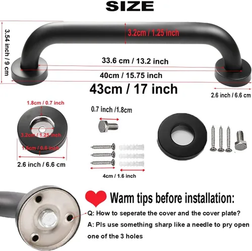 Miniatura 2 de Barra de agarre negra para ducha de 16 pulgadas - 1.25 pulgadas de diámetro, paquete de 2 manijas de acero inoxidable para baño, barra de equilibrio
