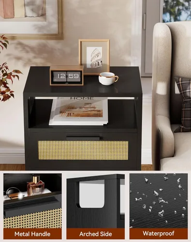 Miniatura 8 de YMYNY Juego de 2 mesitas de noche de ratán, mesa auxiliar bohemia con 2 cajones, estante abierto con diseño arqueado, patas de madera maciza, Negro