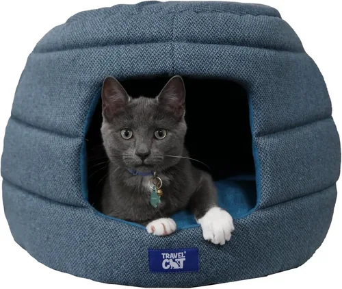 Travel Cat Meowbile - Casa para gatos de interior, 25 x 18 x 17 pulgadas, cama y cueva para gatos convertible y duradera de alta calidad (azul,