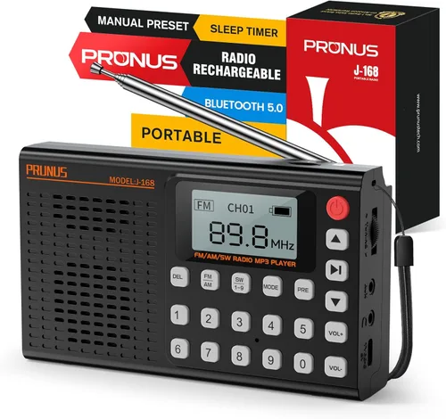 PRUNUS J168 AM FM Radio Altavoz Bluetooth, preestablecido, excelente recepción, reproducción de tarjeta TF, temporizador de sueño, carga USB C,