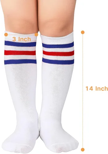 Miniatura 5 de Komorebi Calcetines de fútbol para niños, calcetines de tubo hasta la rodilla, calcetines de tres rayas de algodón, uniforme deportivo para niñas