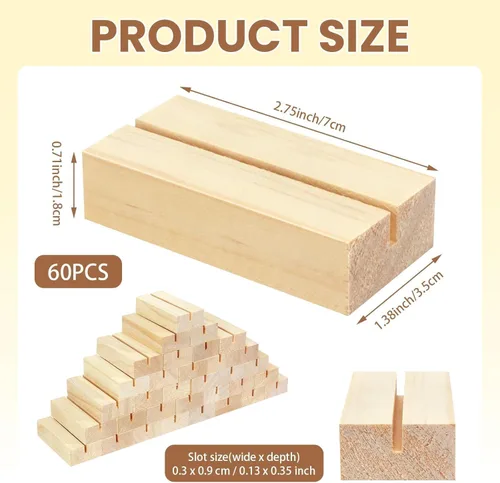 Miniatura 2 de 60 soportes de madera de 2.75 x 1.38 pulgadas para números de mesa de madera, portatarjetas para fotos, soporte acrílico para ceremonia, fiesta