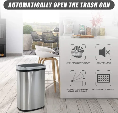 Miniatura 7 de Bote de basura de 13 galones con tapa, botes de basura automáticos para cocina, 50 L, con sensor de movimiento, cubo de basura de acero inoxidable