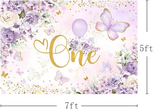 Miniatura 3 de MEHOFOND Telón de fondo de cumpleaños de un año para niñas de 7 x 5 pies, diseño floral morado, fondo de fotografía de Little Miss Onederful