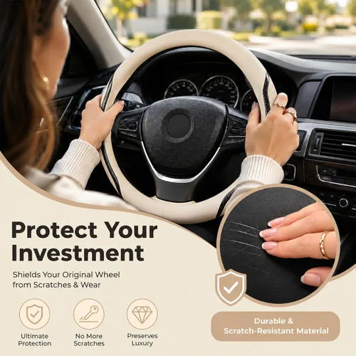 Miniatura 3 de Funda para Volante de Automóvil Color Beige, Fundas para Volante de 14.5-15 Pulgadas con Posavasos de Cuero de Microfibra Fibra de Carbono