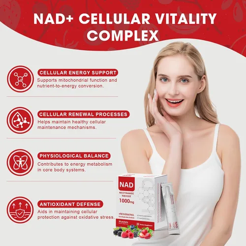 Miniatura 4 de Suplemento NAD+ de 1000 mg – Paquetes de palitos líquidos NAD con nicotinamida, resveratrol, PQQ y quercetina – Sabor a bayas – Apoya la energía