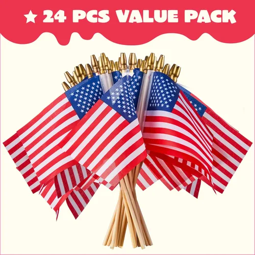 Miniatura 6 de JOYIN 24 banderas americanas pequeñas en palo de 4 x 6 pulgadas, mini banderas americanas para decoración del 4 de julio, celebración del día