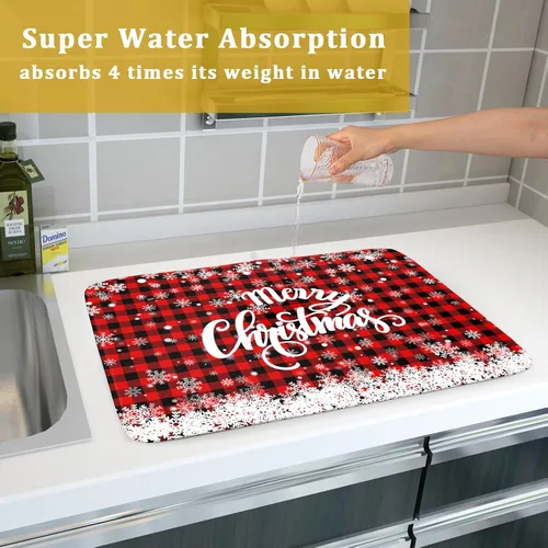 Miniatura 7 de Tapete de secado de platos de Navidad para encimera de cocina, de 18 x 24 pulgadas, tapete de secado reversible de microfibra con copos de nieve