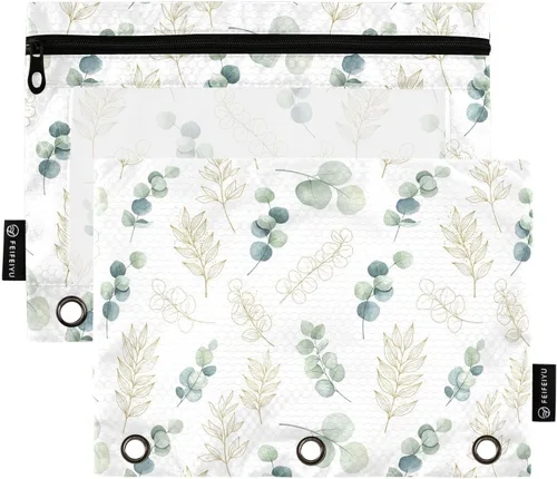 Gredecor Estuche para lápices con 3 anillos, ramas de hojas verdes y doradas, con cremallera, 2 unidades, organizador transparente para carpetas
