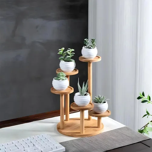 Miniatura 4 de Soporte de escritorio de 5 niveles para plantas, estante redondo de bambú para plantas, soporte de mesa para suculentas y hierbas, soporte