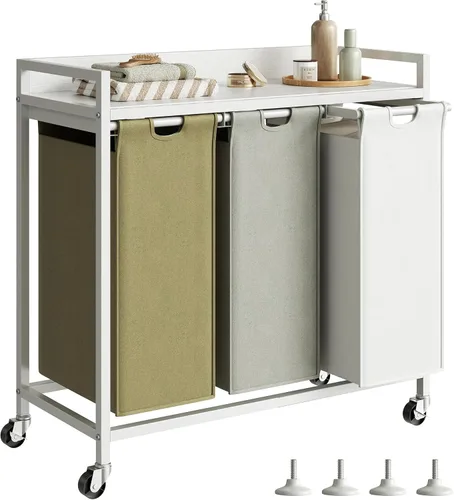 Miniatura 20 de Herture Cestos para la ropa sucia con estante, cesta de lavandería de 3 secciones, clasificador de ropa con extraíble grande, bolsas de 3