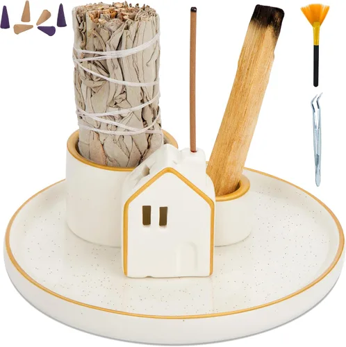 Miniatura 11 de ZenBless Soporte de incienso multifunción para quemar Palo Santo, manchas de salvia, varillas de incienso, soporte de cerámica hecho a mano