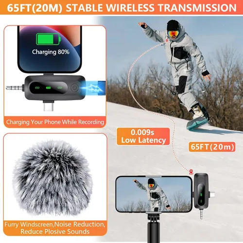 Miniatura 5 de Micrófono Lavalier inalámbrico 3 en 1 para iPhone, iPad, Android, cámara, paquete de 2 mini micrófonos profesionales con pantalla LED, clip