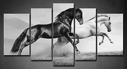 Arte de pared de 5 paneles negro Friesian Running Horse Trot en el campo al atardecer, hierba y flores, cuadros impresos en lienzo animal la imagen