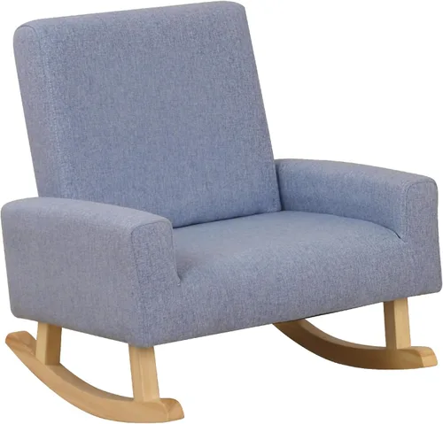 Miniatura 6 de Mecedora para bebé, silla para niños, sofá para niños, pie de madera tembloroso y tela de lino, sillón mecedor para niños y niñas (azul)