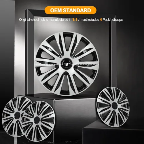 Miniatura 2 de OCPTY Juego de 4 tapacubos para llantas de coche, 15 pulgadas, cubiertas de cubo de rueda brillantes en negro y plata, reemplazos de alta calidad