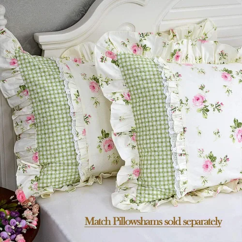 Miniatura 6 de FADFAY Juego de sábanas de cama con estampado floral amarillo, de algodón, tamaño King, suaves, transpirables, estilo Shabby Coquette, con bolsillo