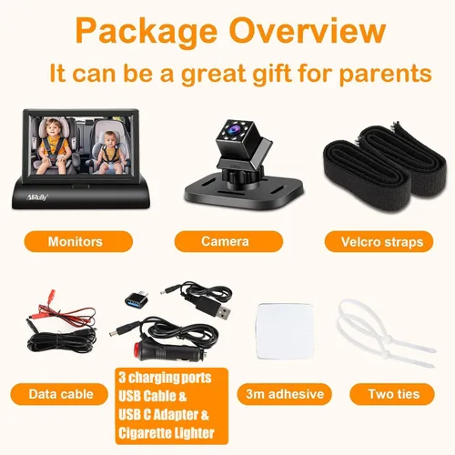 Miniatura 9 de Cámara de Monitoreo para Coche de Bebé AllRuby, Espejo de Coche para Bebé, para Puertos USB/USBC/Encendedor de Cigarrillos, Vista Amplia y Clara