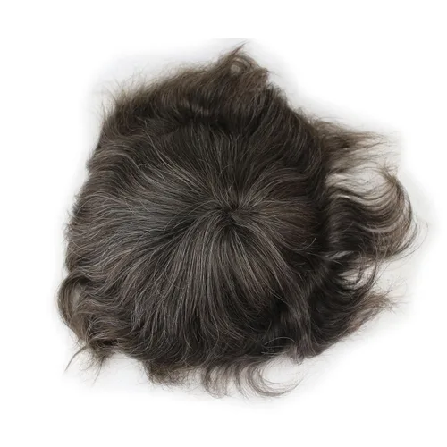 Miniatura 6 de Toupee para hombre 10 × 8 "cabello humano 5# mezcla de colores 10% gris sintético hairpiece piel fina sistema de reemplazo de pelo base de red