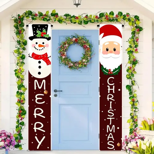Miniatura 5 de BlissYard Pancartas de Porche Feliz Navidad de 12x71 Pulgadas Decoraciones de Puerta de Papá Noel y Muñeco de Nieve Fondo Rojo Pancarta Colgante